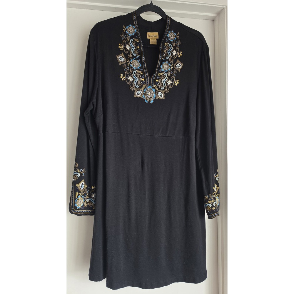 Vintage Midnight Velvet Floral Dress 1X Black Long Sleeve Bohemian Folk